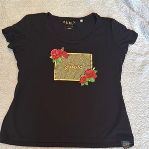 Guess Black Graphic Tee with Gold Embellishments
